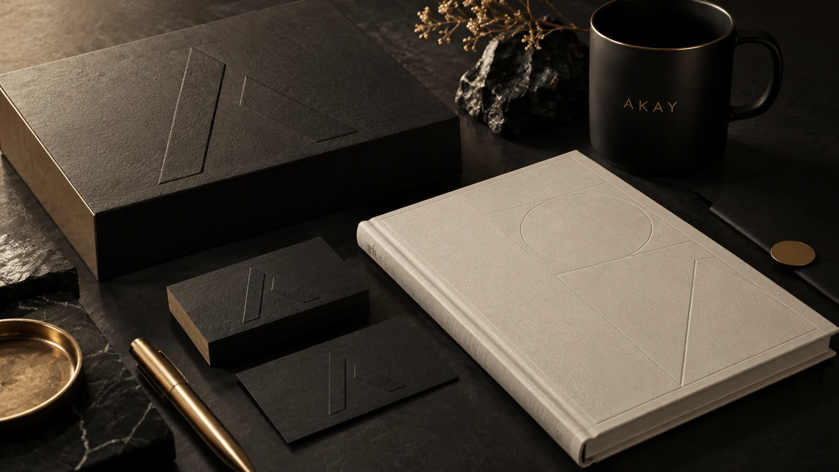 Black and gold AKAY stationery visual identity concept